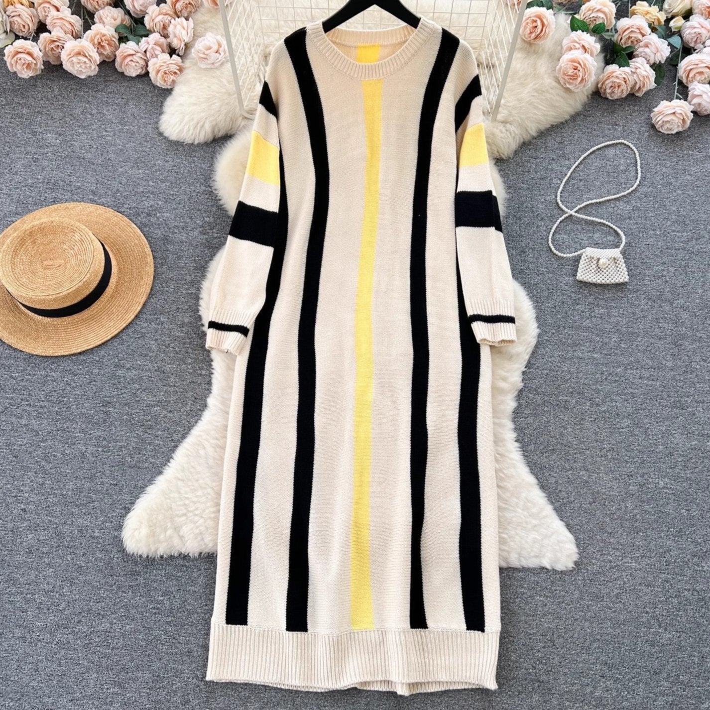 Striped Long Sleeve Loose Knitted Dress