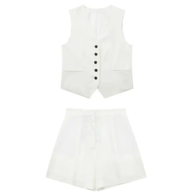Solid Button Sleeveless Linen Vest + Shorts Set