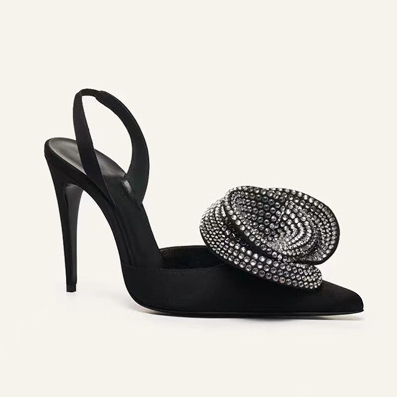 Pointed Toe Stiletto Rose Rhinestone Satin Sandals