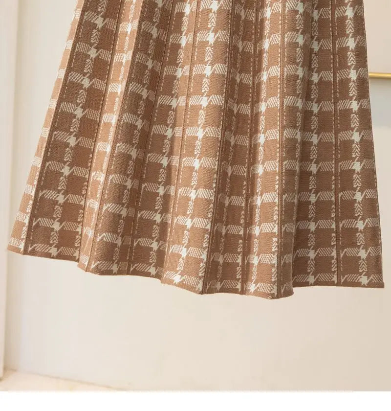 Houndstooth Knitted Plaid Midi Skirt