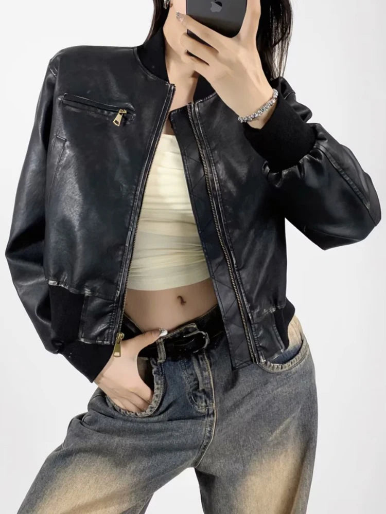 PU Leather Zip Up Bomber Jacket