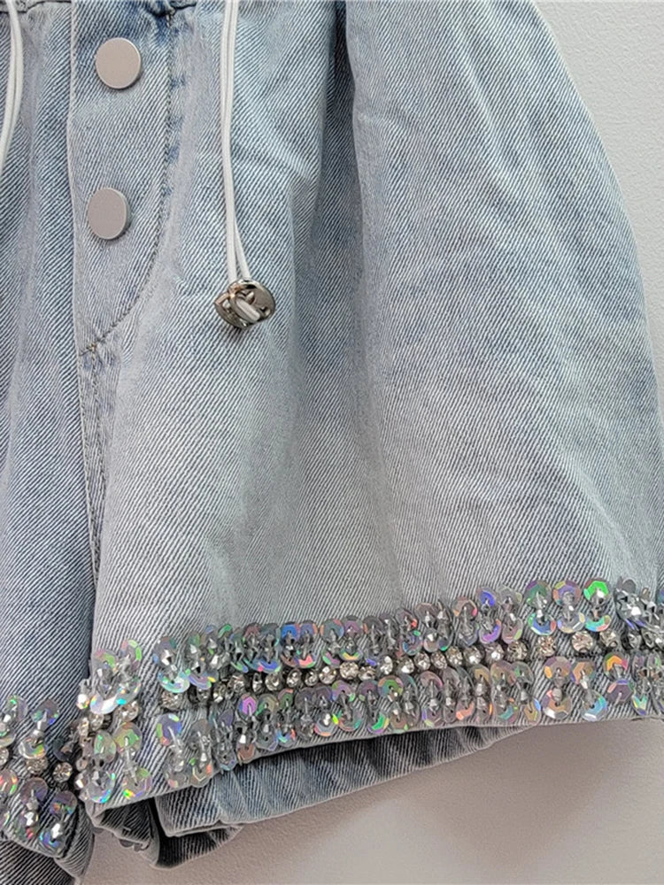 Handmade Diamond Bead Panel Denim Wide Leg Shorts