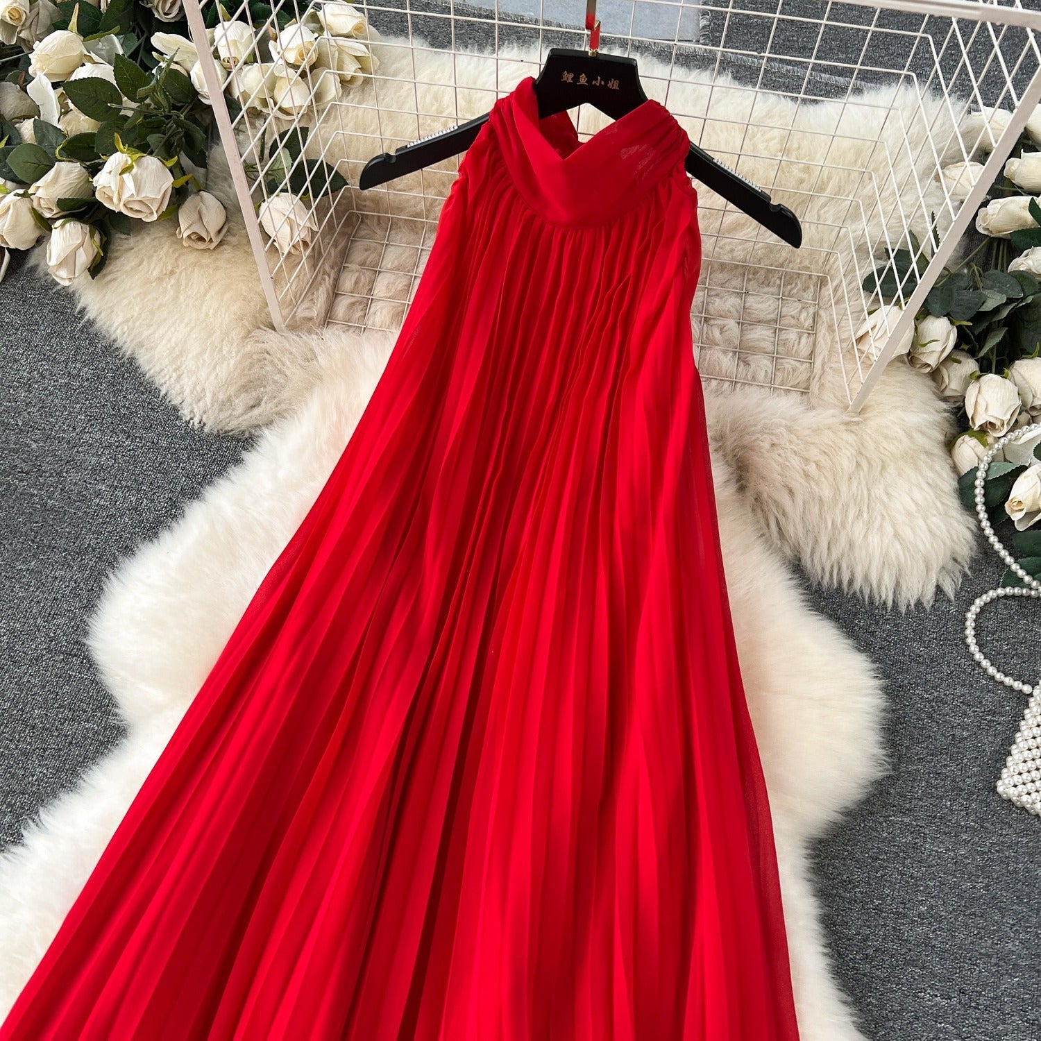 Red Chiffon Hanging Neck Midi Dress