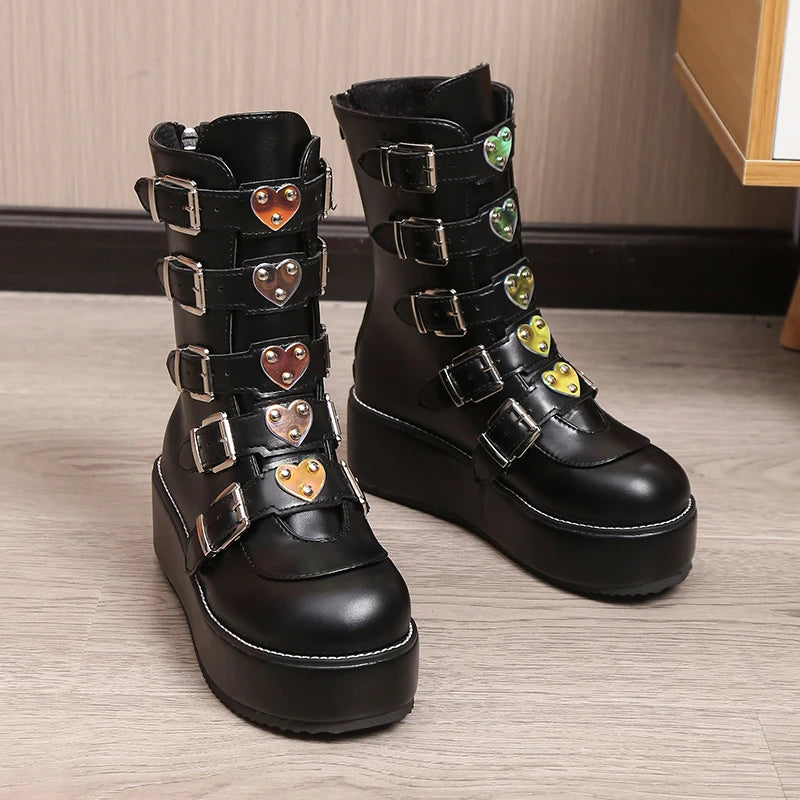 Buckles Goth Platform Motorcycle Boots