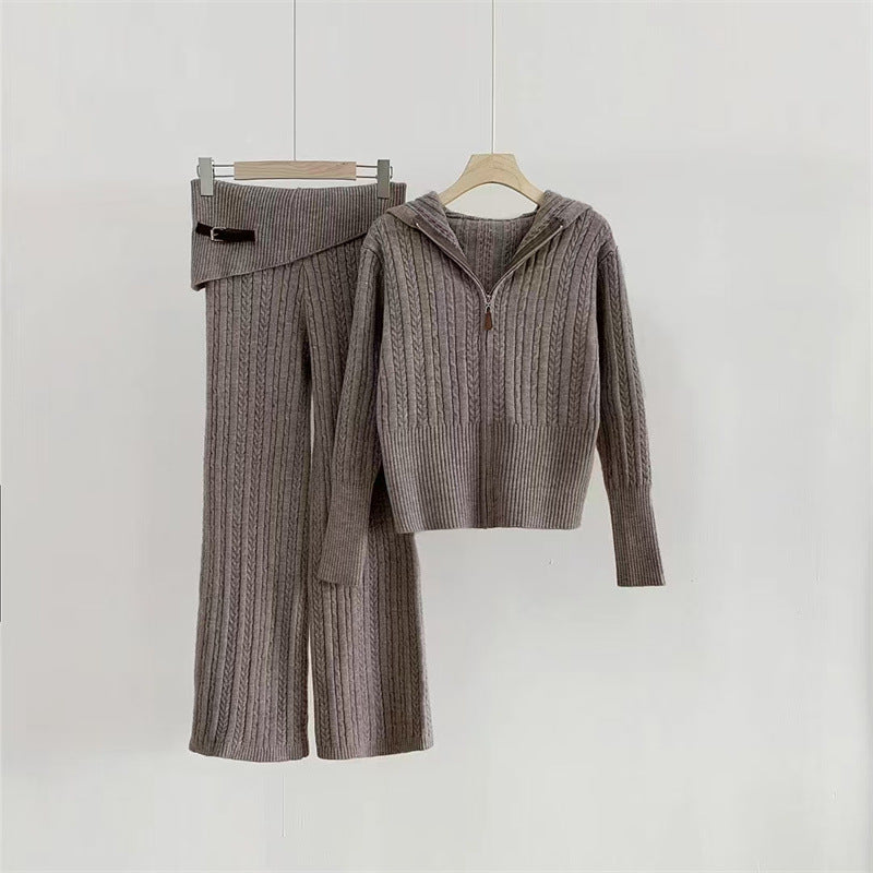 Hooded Knit Zip Up Cardigan + Knit Pants Set