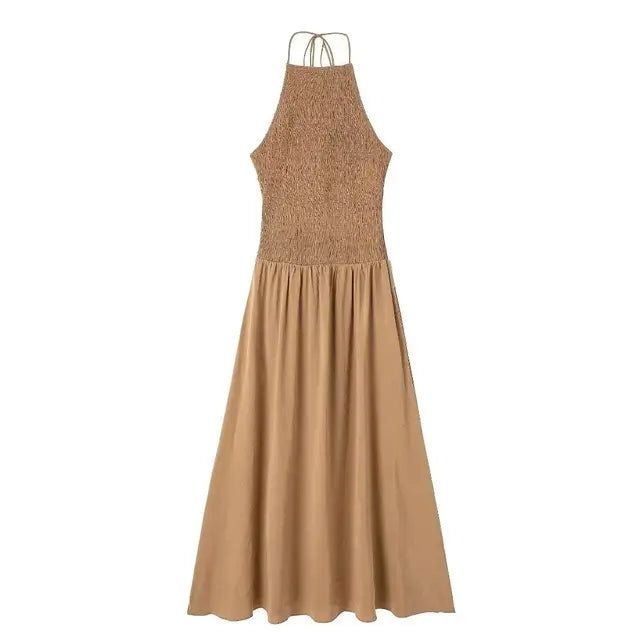 Solid Pleated Halter Neck Dress