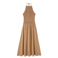 Solid Pleated Halter Neck Dress