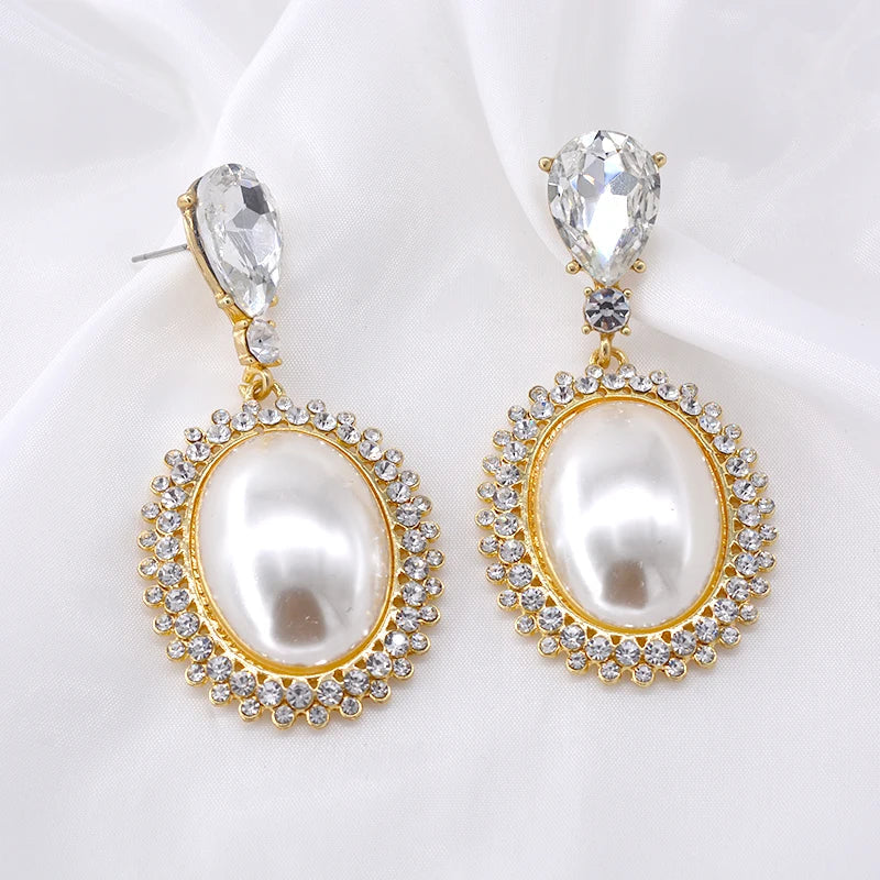 Pre Order:  Big Oval Pearl Crystal Long Drop Earrings