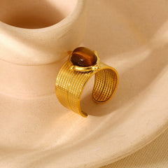 Retro Gold-Plated Tiger Eye Marble C-Shaped Open Ring