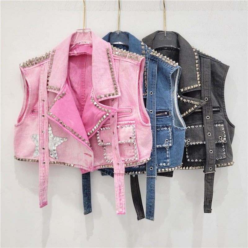 Rivet Studded Five Pointed Star Denim Vest