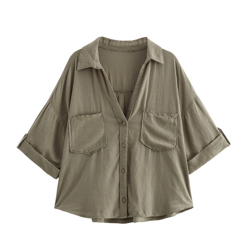 Linen Blend Pocket Casual Short Shirt