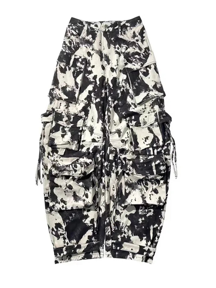 Multi Pockets Print Straight Loose Cargo Pants