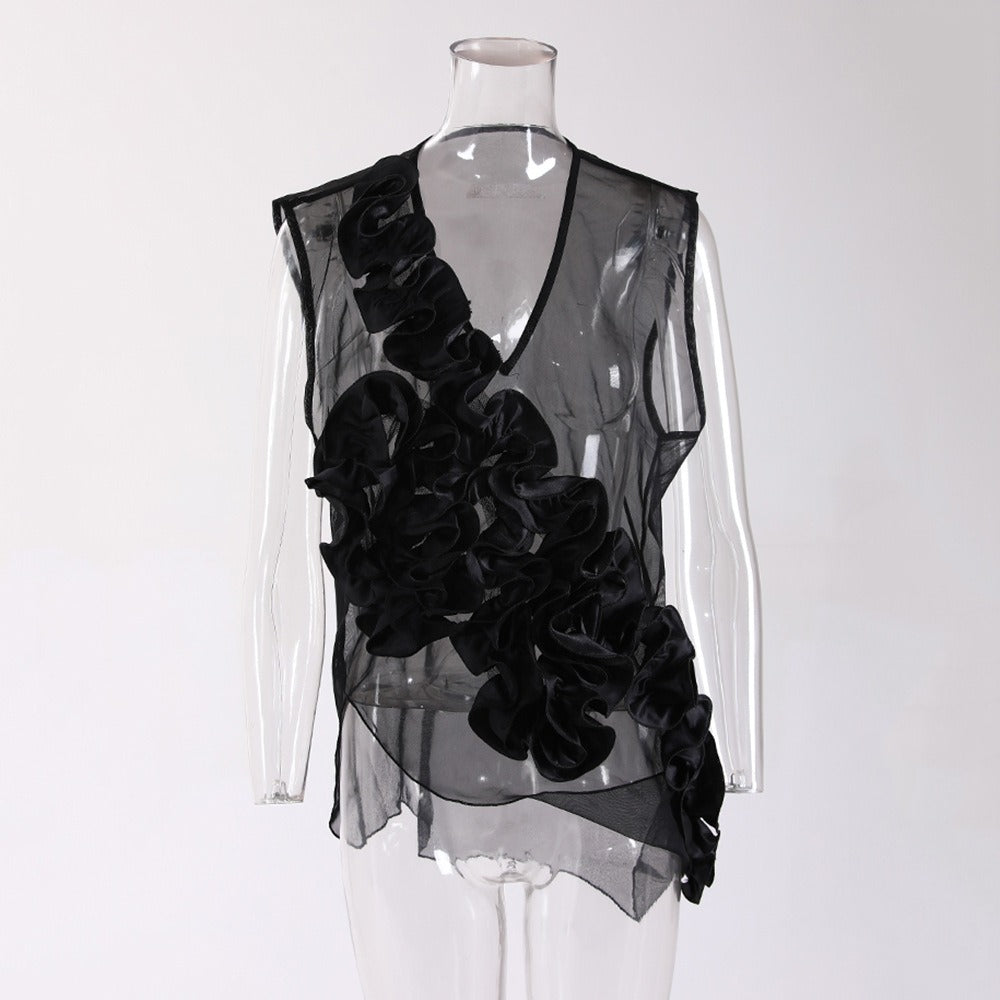 Ruffled Loose V-Neck Mesh Top