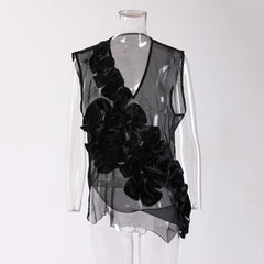 Ruffled Loose V-Neck Mesh Top