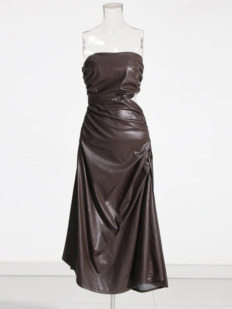 Strapless Ruched Faux Leather Dress