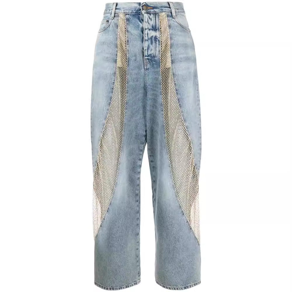 Hollow Out Sheer High Waisted Denim Pants