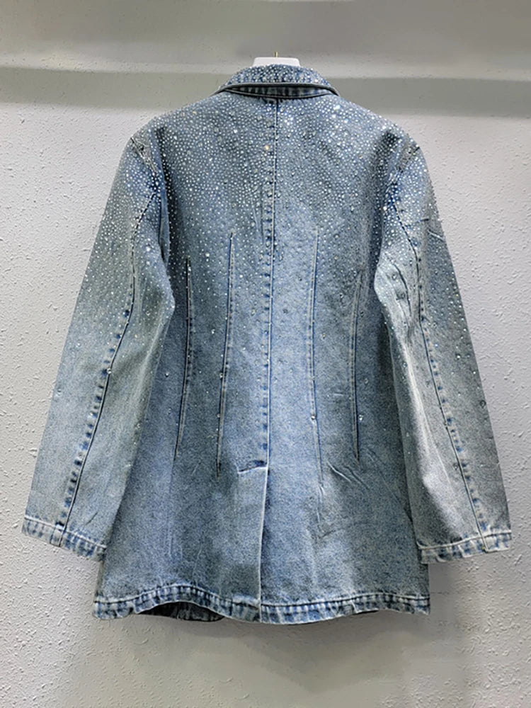 Vintage Diamond Embellished Single Button Denim Blazer