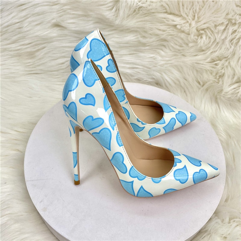 Pre Order:  Blue Heart Printed Pointed-Toe Pumps Shoes