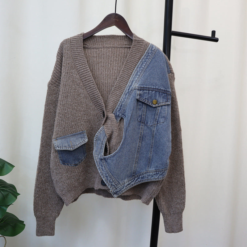 Casual Patchwork Denim Knitted Cardigan