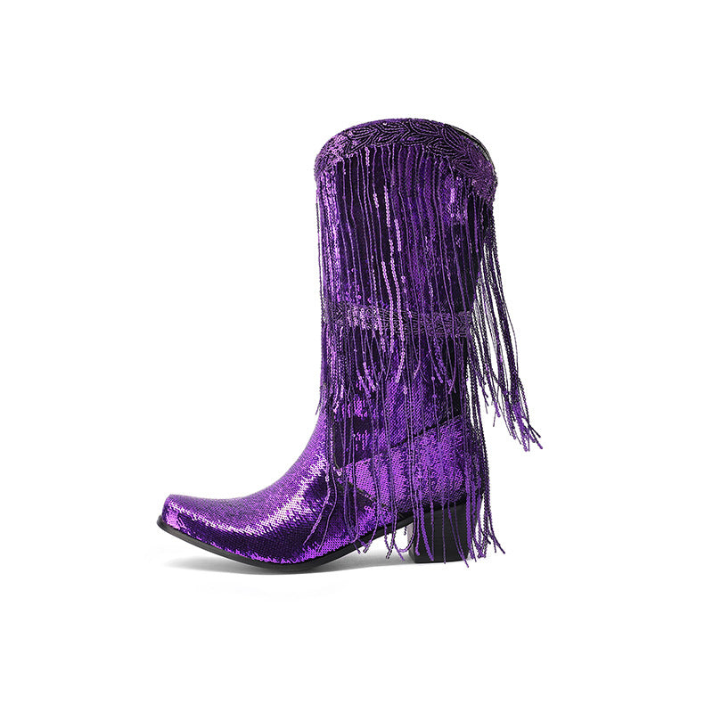 Curved Toe Sequin Tassel Mid-Calf Cowboy Boots