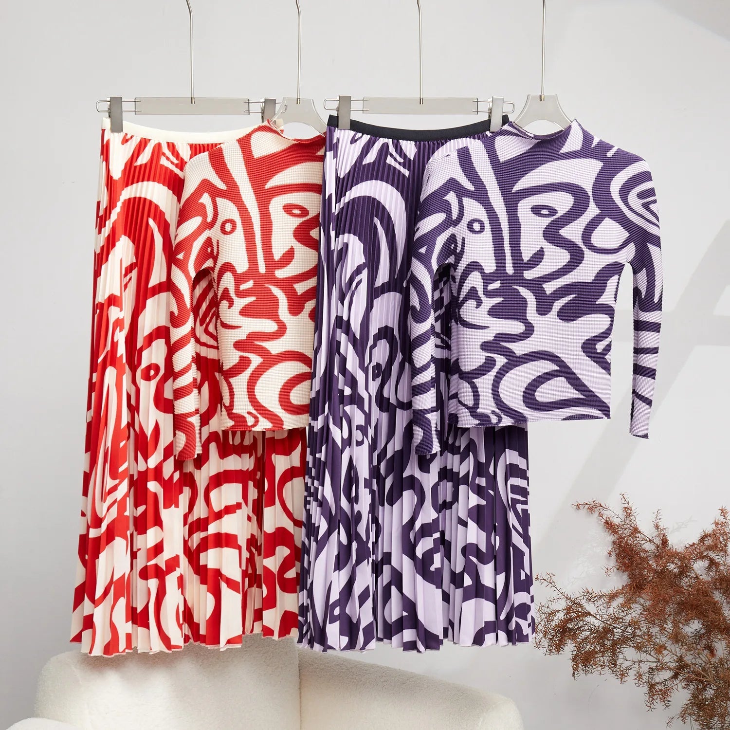 Pleated Stand Collar Top + Pleated Skirt Set