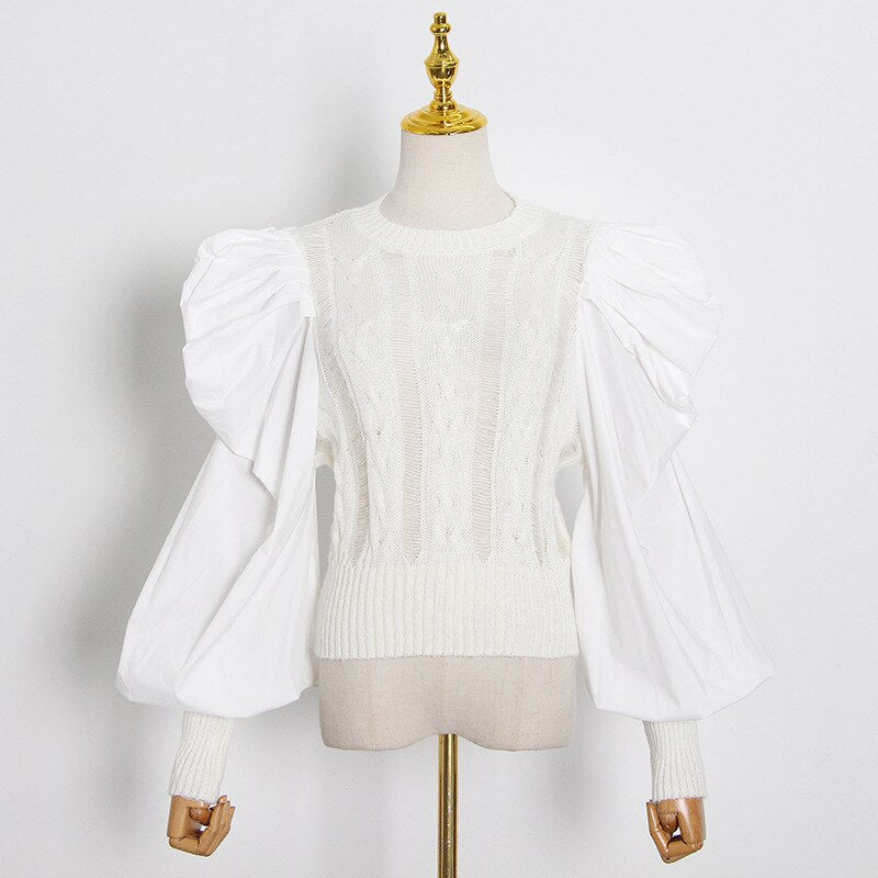 Puff Sleeves Spliced Knit Sweater