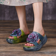 Women Vintage Leather Floral Platform Slippers
