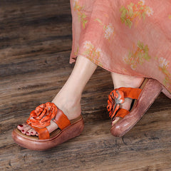 Women Summer Vintage Leather Floral Platform Slippers