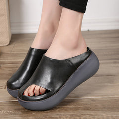Retro Women Leather Wedge Slippers