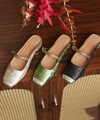 Chinese Style Champagne Cowhide Leather Embossed Slide Sandals
