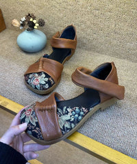 Retro Black Cowhide Leather Embroidery Splicing Walking Sandals