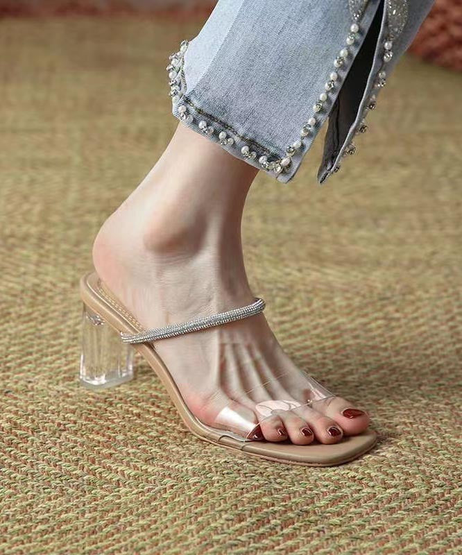 Fashion Splicing Chunky Heel Apricot Slide Sandals Peep Toe
