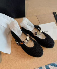 Black Women Woolen Splicing Flat Shoes Buckle Strap