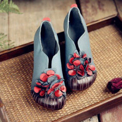 Cozy Flowers Leather Handmade Chunky Heels Comfy Shoes