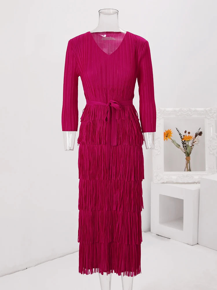 Solid Pleated Fringe Dress