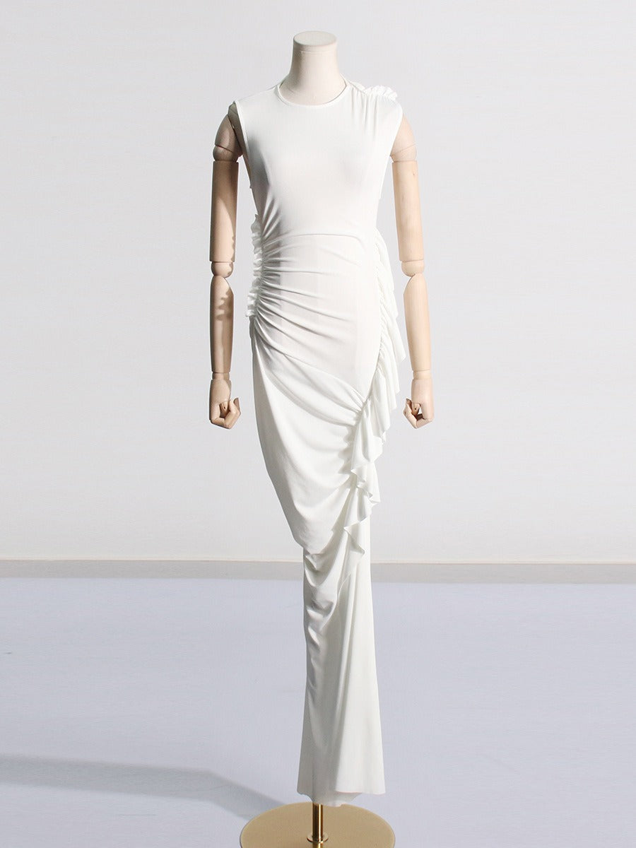 White Pleated Hip Hugging Maxi Dress
