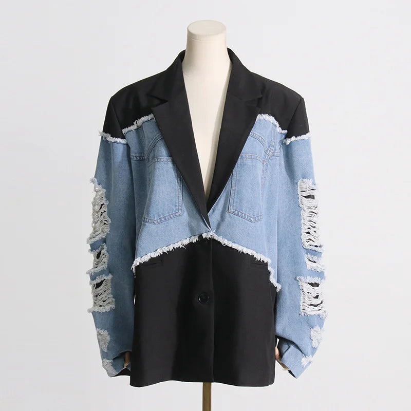 Denim Stitched Single Breasted Loose Long Blazer