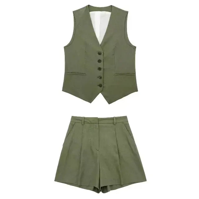 Solid Button Sleeveless Linen Vest + Shorts Set