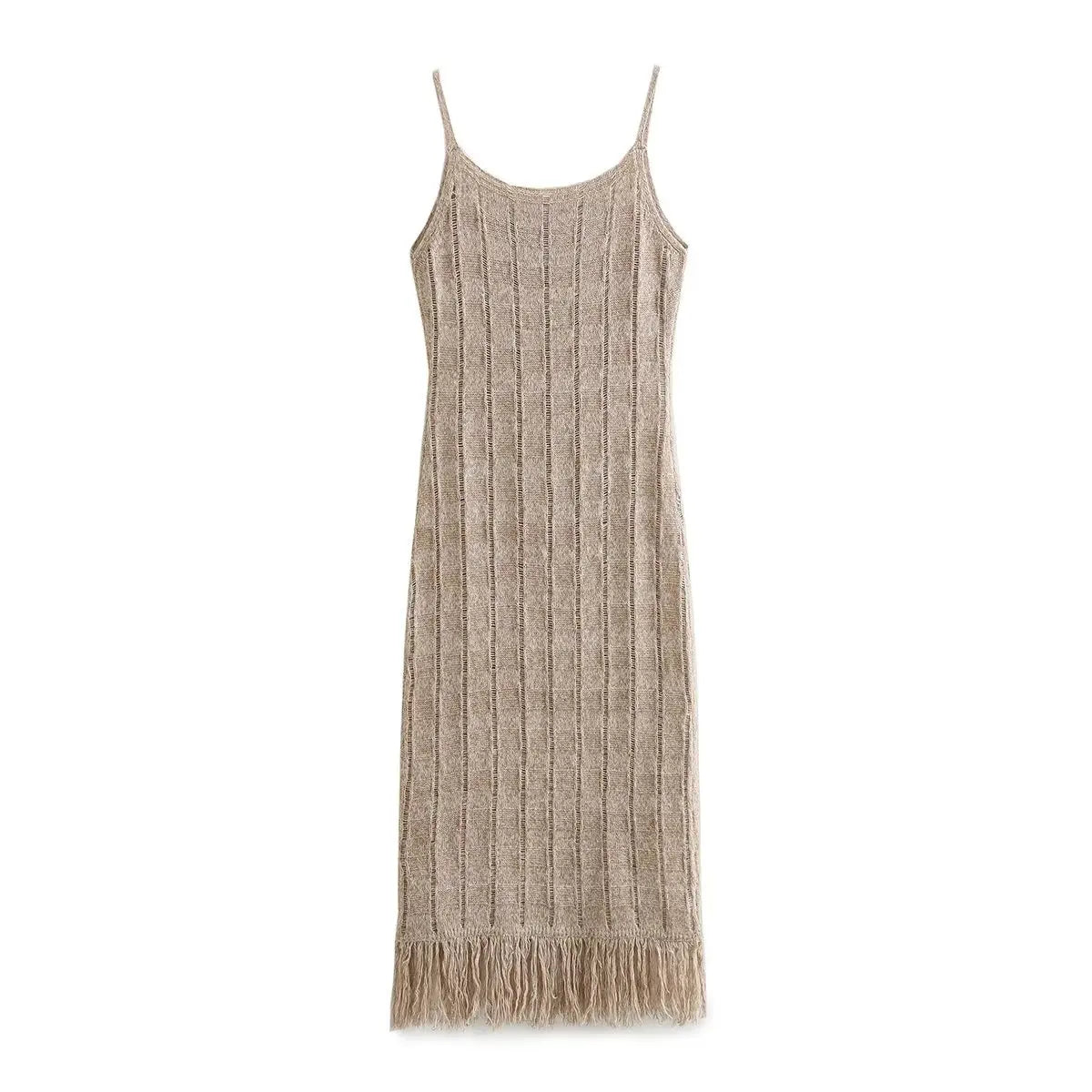 Textured Sleeveless Fringe Midi Dress