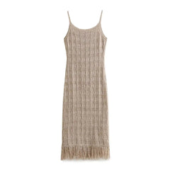 Textured Sleeveless Fringe Midi Dress