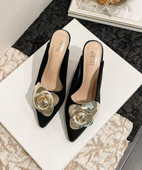 Classy Floral Splicing Wedge Heels Black Suede Slide Sandals