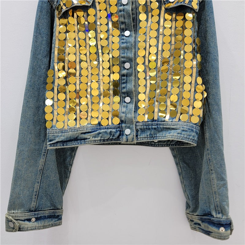 Sequin Spliced Stand Collar Denim Jacket