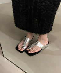 Chic Black Faux Leather Splicing Chunky Thong Sandals