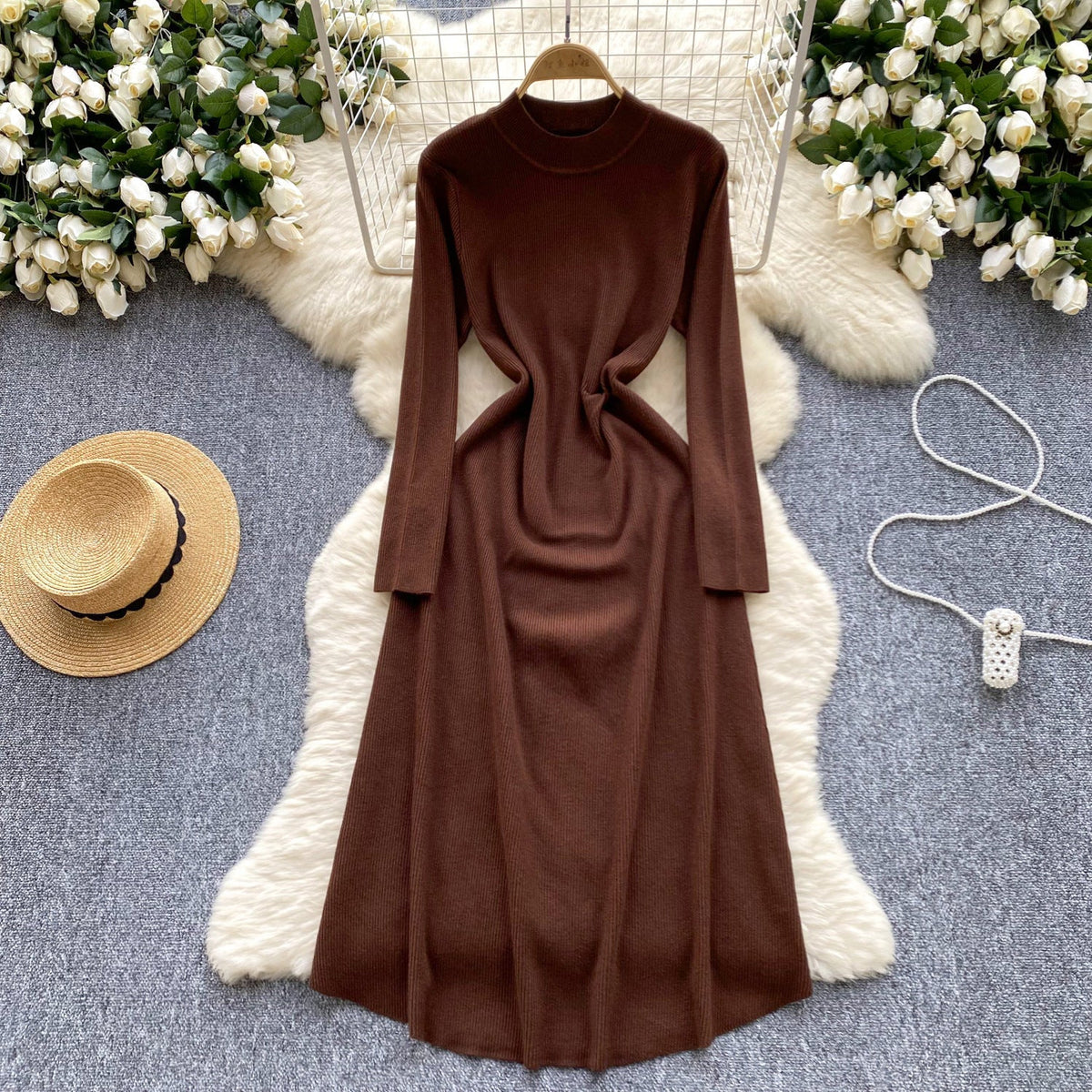 Woolen Waist Cinching Long Sleeved Knitted Dress