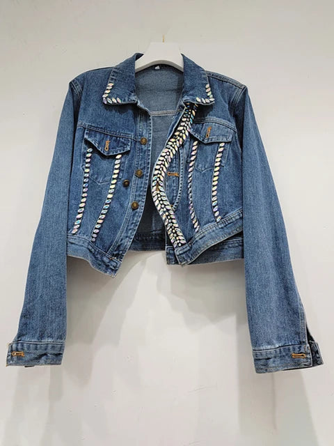 Denim Splicing Asymmetry Crystal Single Breasted Jacket