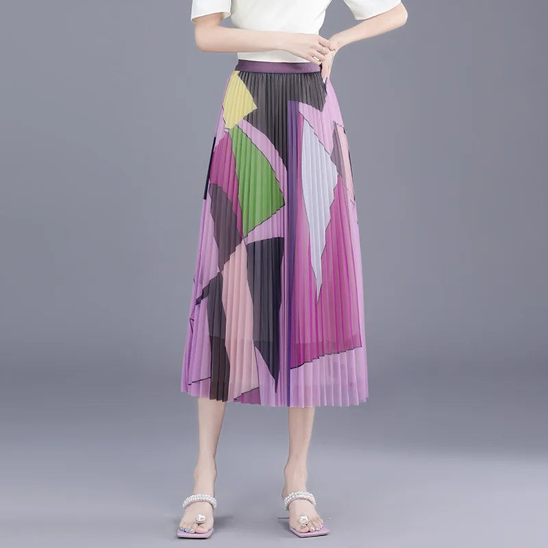 Elegant Printed Pleated Mesh Skirt