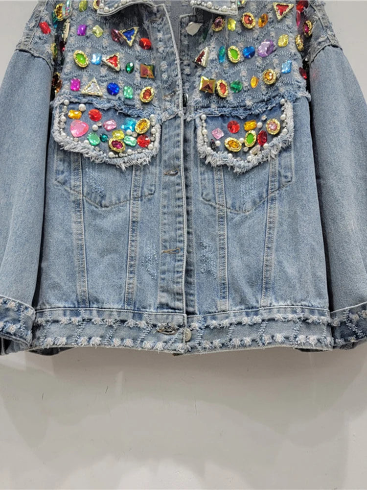 Colorful Diamond Pearl Burrs Ripped Denim Jacket