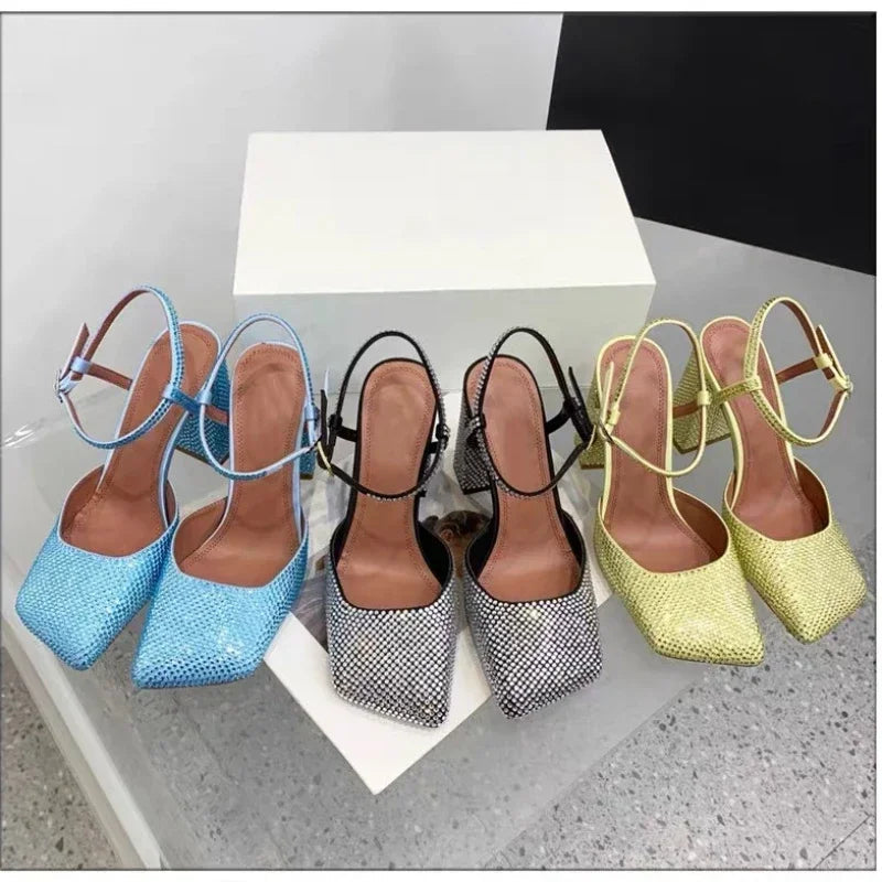 Rhinestone Chunky Heel Square Toe Sandals