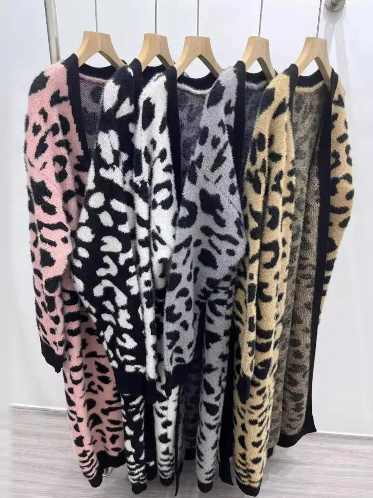 Animal Print Thick Long Loose Knit Cardigan