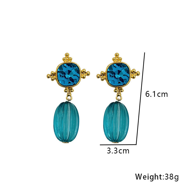Retro Blue Geometric Crystal Pendant Earrings